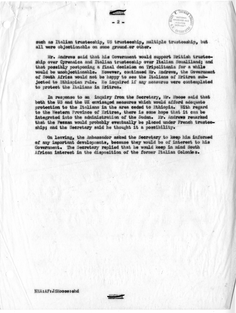 Memorandum of Conversation with the Ambassador of the Union of South Africa