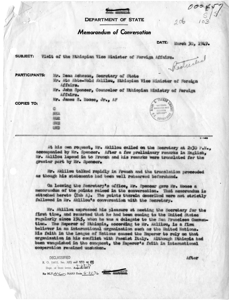 Memorandum of Conversation with the Vice-Minister of Foreign Affairs of Ethiopia and Others