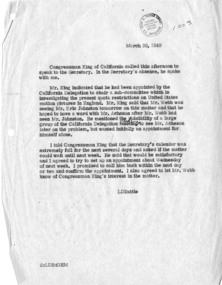 Memorandum of Conversation with Congressman Cecil King