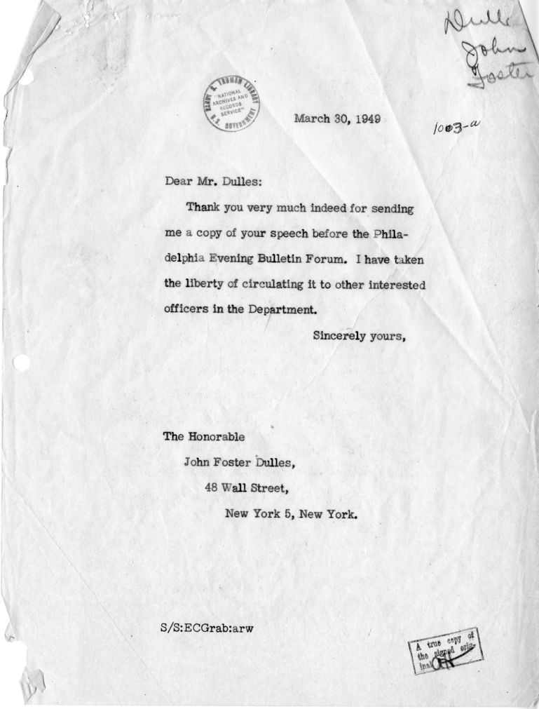 Correspondence Between Dean Acheson and John Foster Dulles, with Attachment