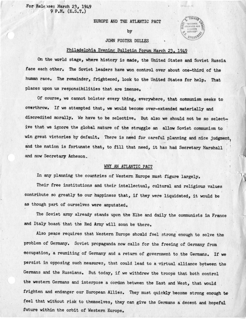 Correspondence Between Dean Acheson and John Foster Dulles, with Attachment
