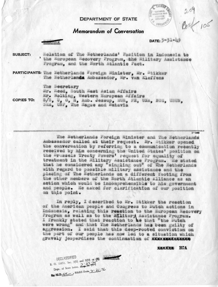Memorandum of Conversation with Dirk Stikker, Foreign Minister of the Netherlands
