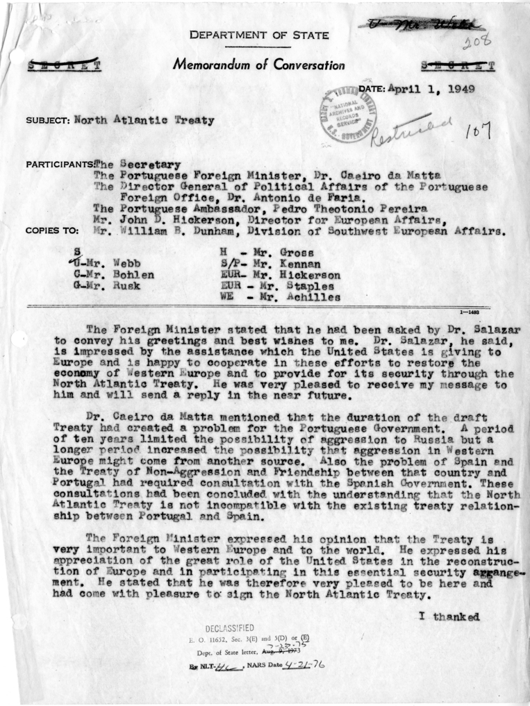 Memorandum of Conversation with the Foreign Minister of Portugal and Others