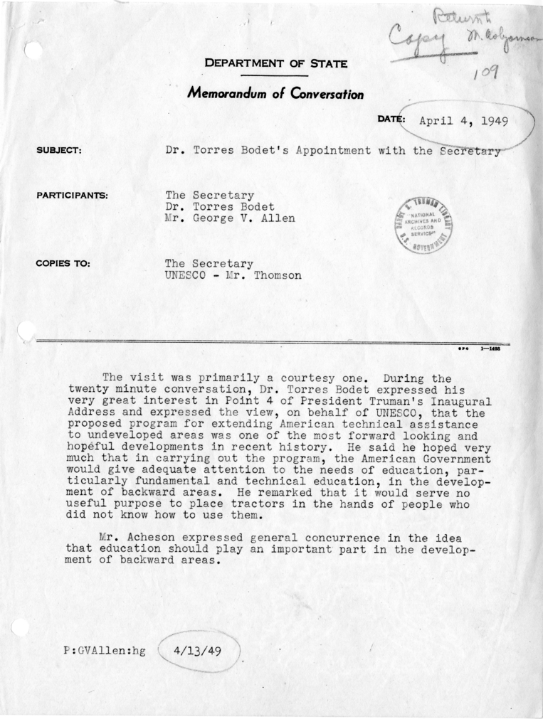 Memorandum of Conversation with Dr. Torres Bodet and Mr. George V. Allen