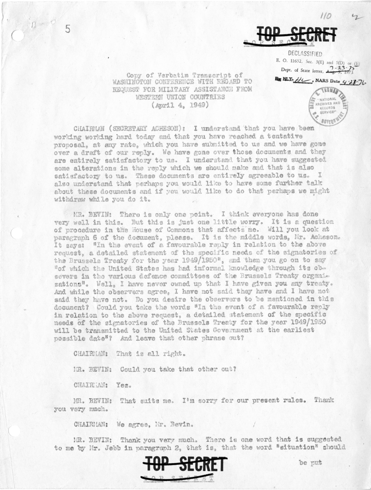 Transcript of Conversation of Washington Conference with Regard to Request for Military Assistance from Western Union Countries
