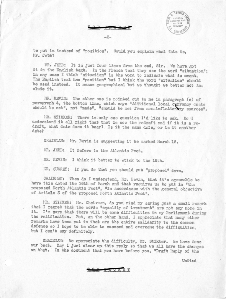 Transcript of Conversation of Washington Conference with Regard to Request for Military Assistance from Western Union Countries