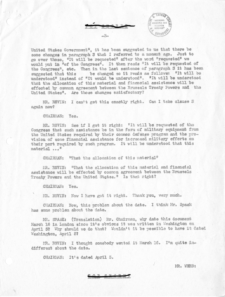 Transcript of Conversation of Washington Conference with Regard to Request for Military Assistance from Western Union Countries