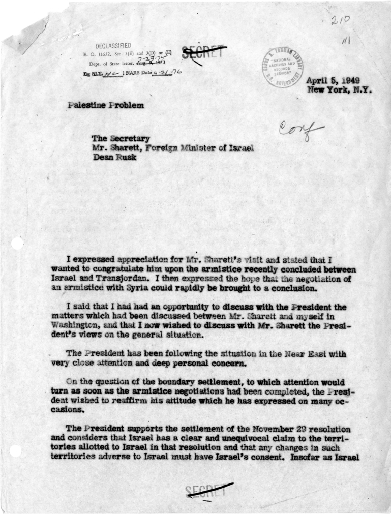 Memorandum of Conversation with Moshe Sharett, Foreign Minister of Israel, and Dean Rusk