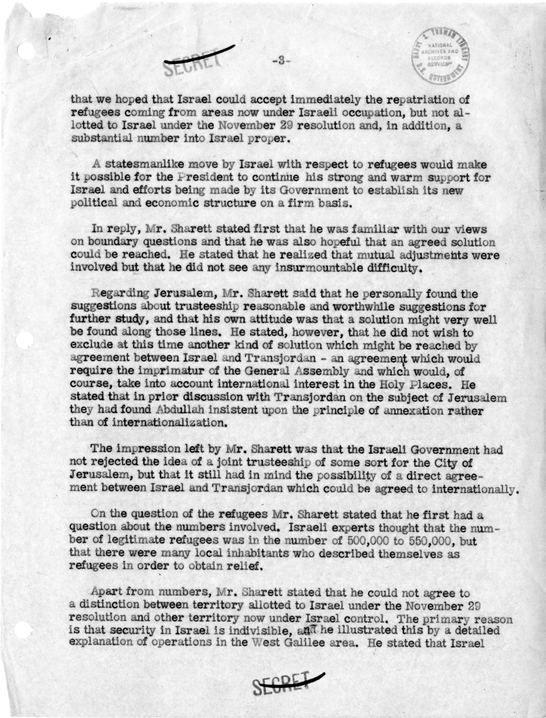 Memorandum of Conversation with Moshe Sharett, Foreign Minister of Israel, and Dean Rusk