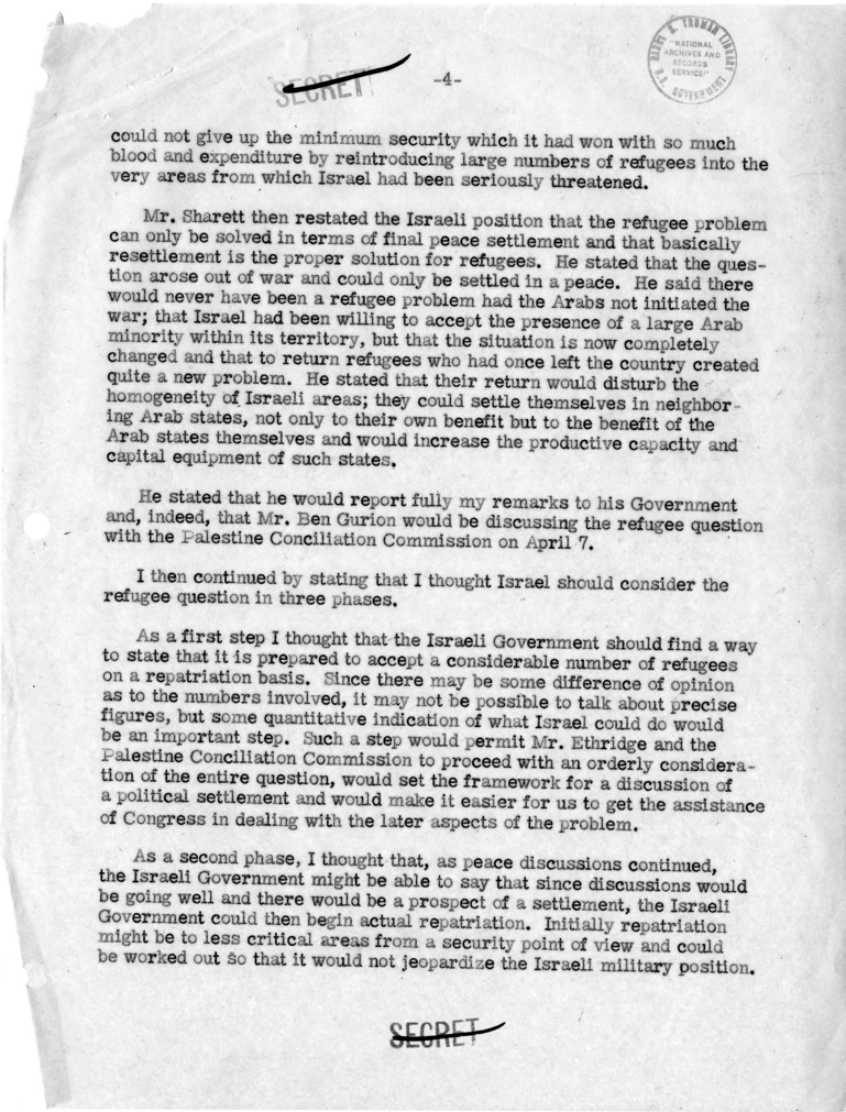 Memorandum of Conversation with Moshe Sharett, Foreign Minister of Israel, and Dean Rusk