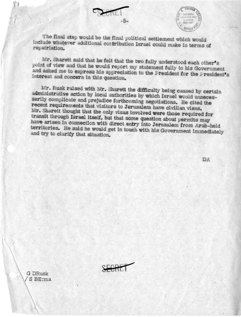 Memorandum of Conversation with Moshe Sharett, Foreign Minister of Israel, and Dean Rusk