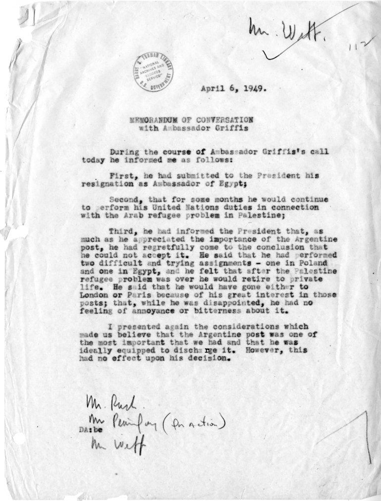 Memorandum of Conversation with Ambassador Stanton Griffis