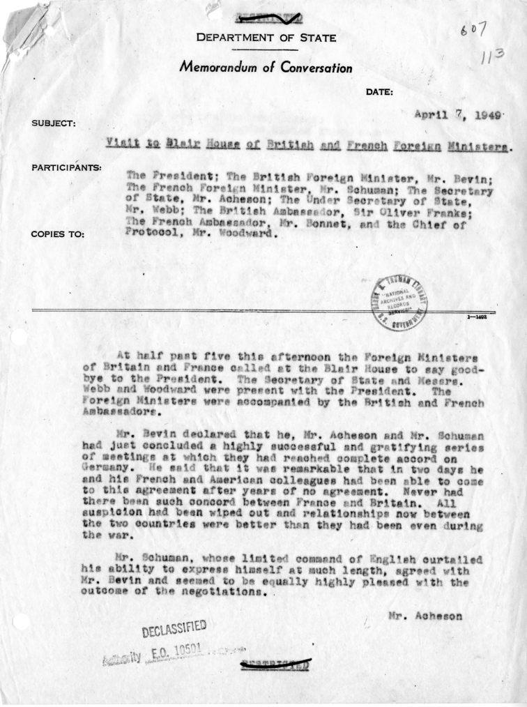 Memorandum of Conversation with the President, the French and British Foreign Ministers and Others