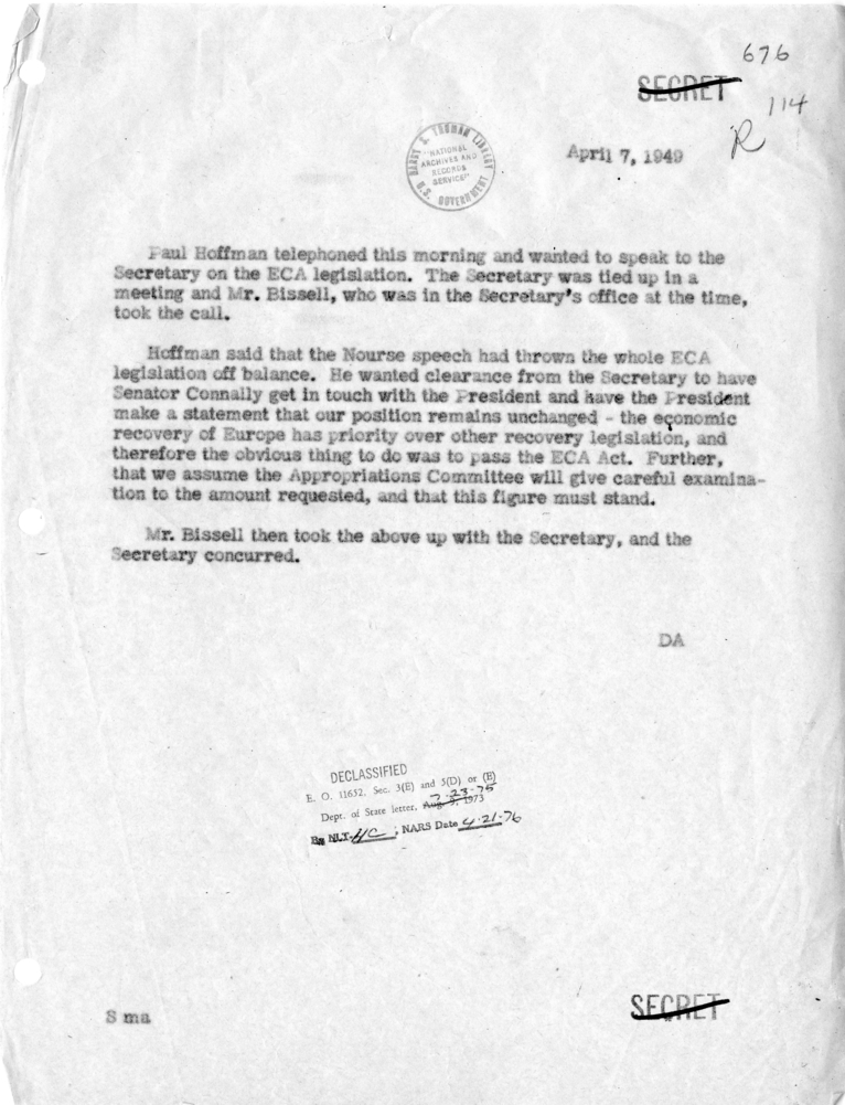 Memorandum of Conversation with Paul Hoffman