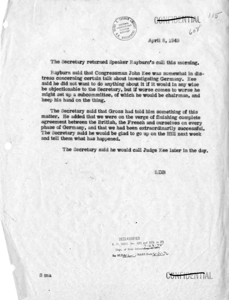 Memorandum of Conversation with Speaker Sam Rayburn