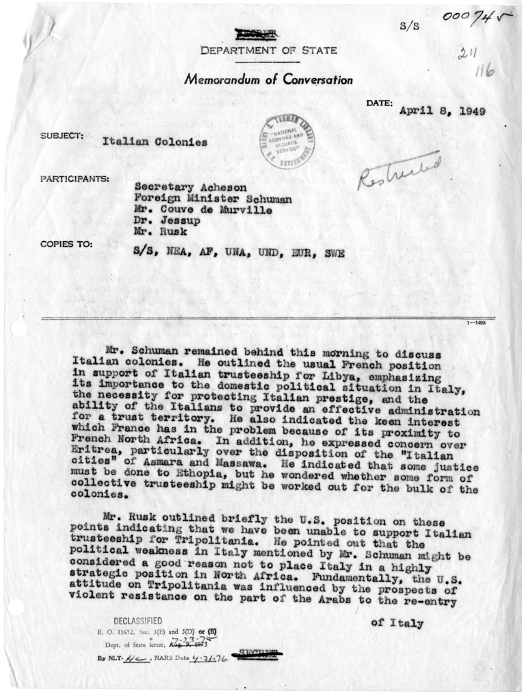 Memorandum of Conversation with the Foreign Minister of France and Others