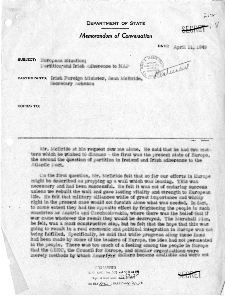 Memorandum of Conversation with the Foreign Minister of Ireland, Sean McBride