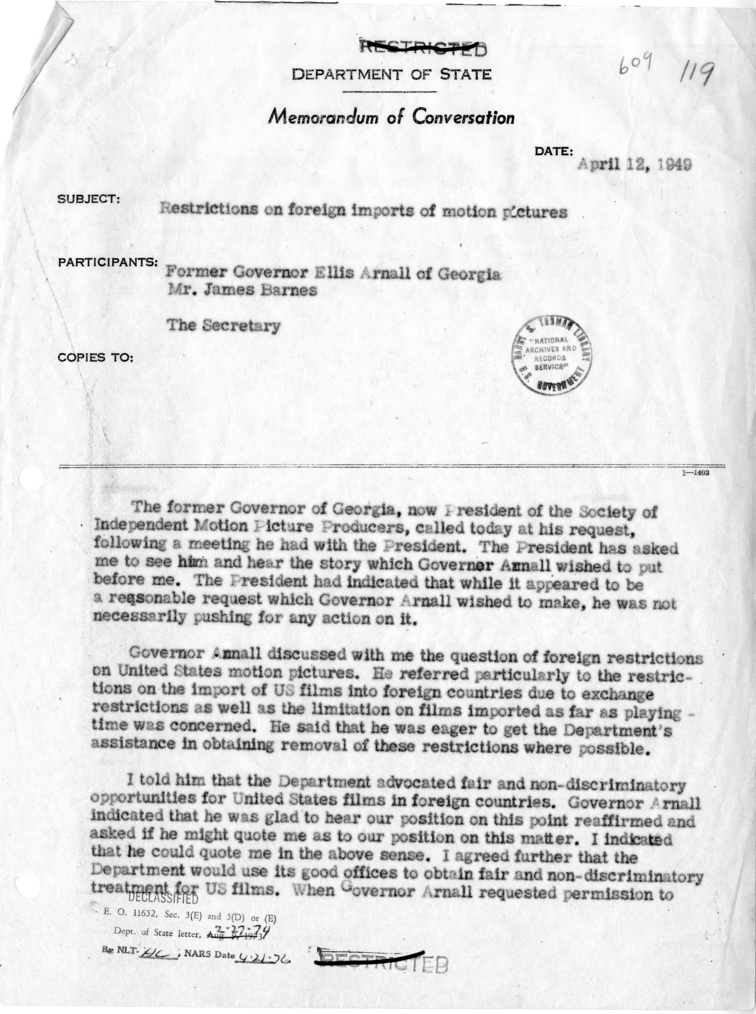 Memorandum of Conversation with Former Governor of Georgia Ellis Arnall and Mr. James Barnes