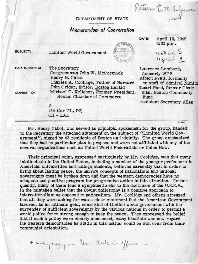 Memorandum of Conversation with Congressman John W. McCormack and Others