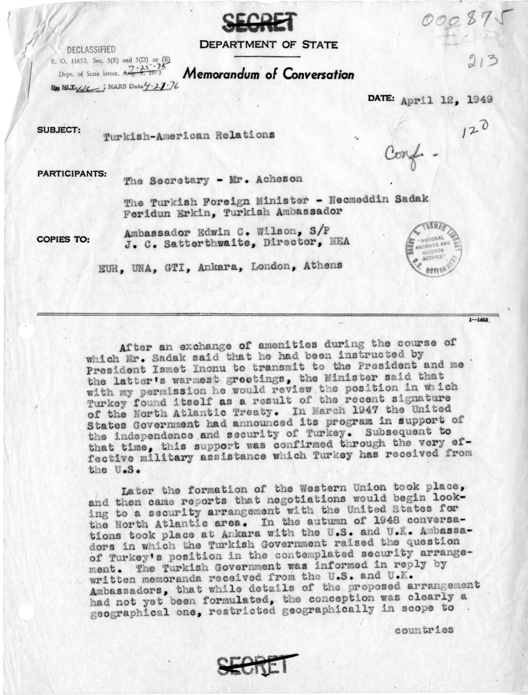 Memorandum of Conversation with the Foreign Minister and Ambassador of Turkey and Others