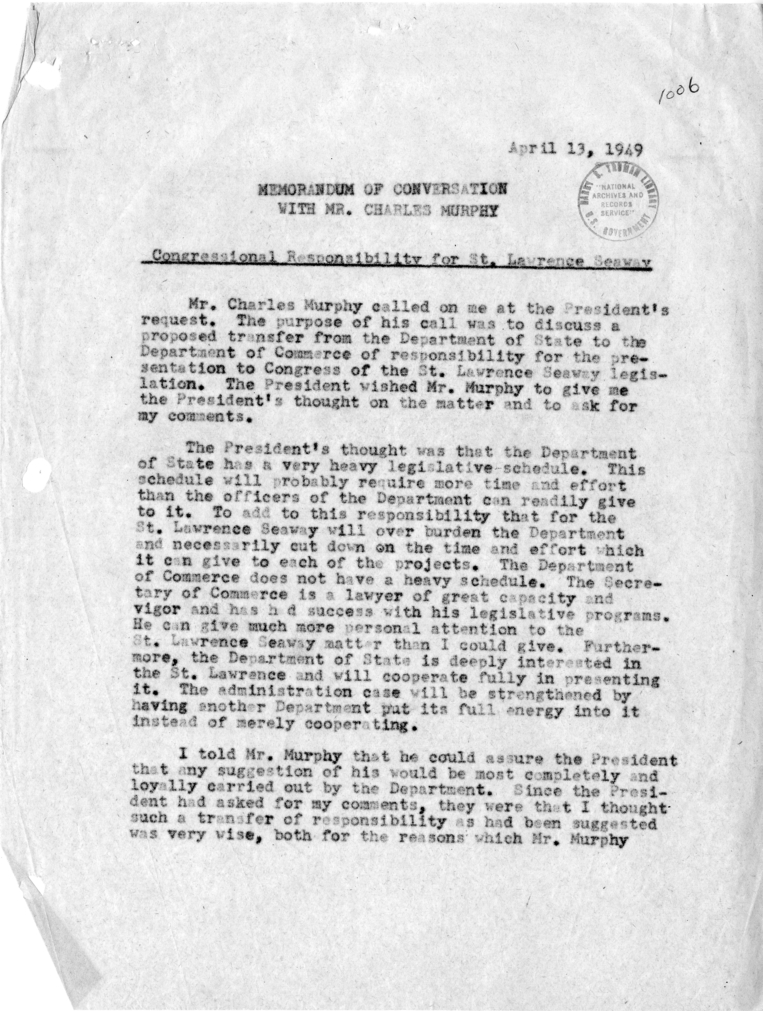 Memorandum of Conversation with Mr. Charles Murphy