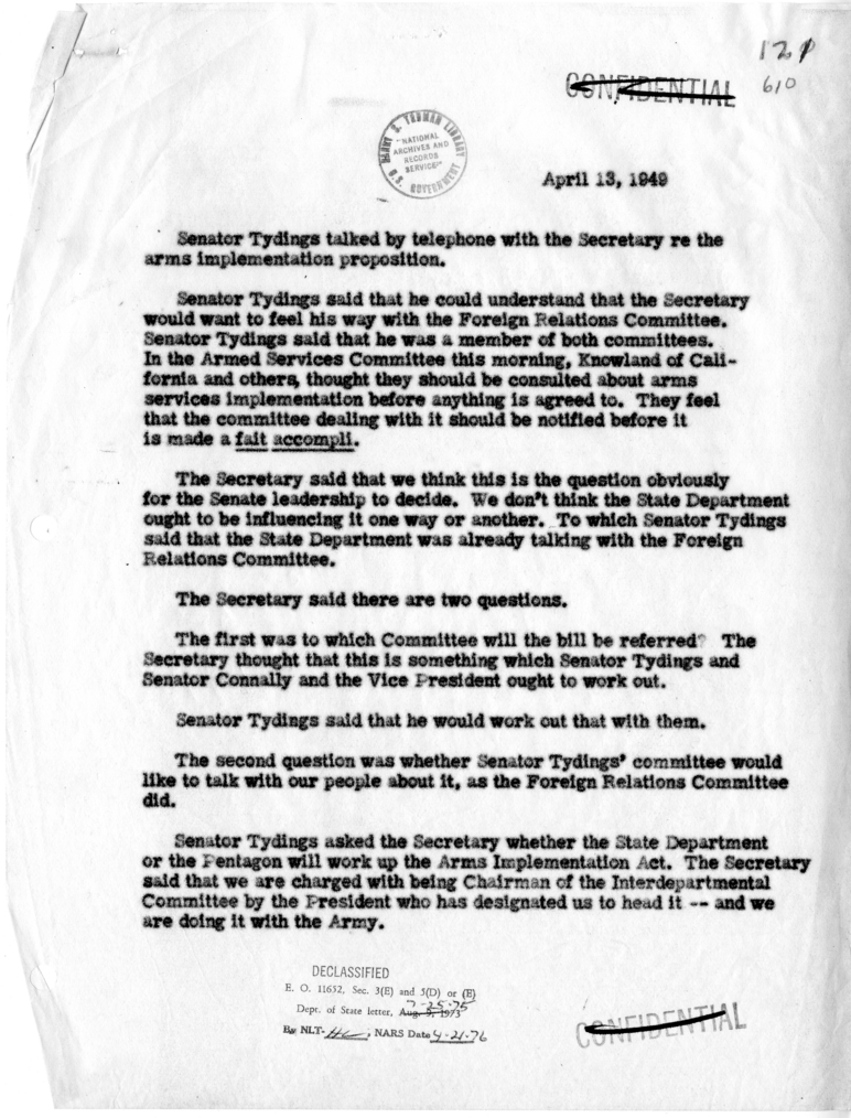 Memorandum of Conversation with Senator Millard Tydings