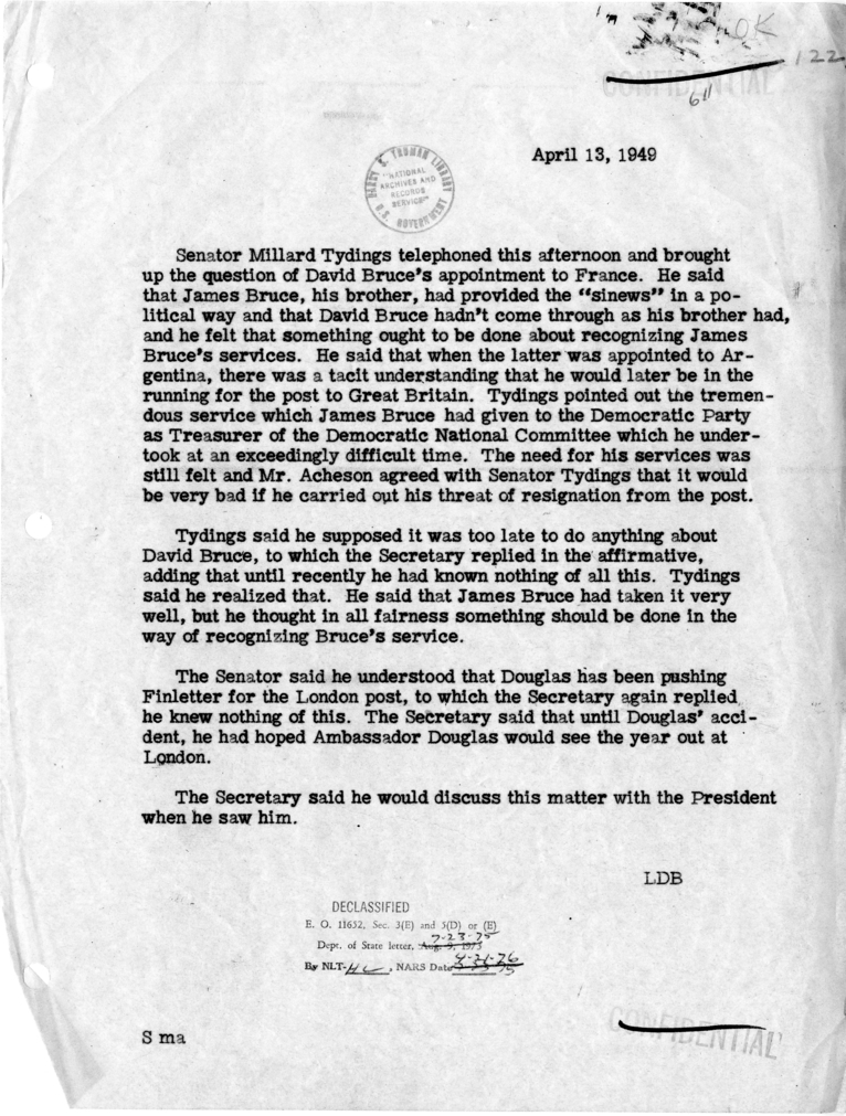 Memorandum of Conversation with Senator Millard Tydings