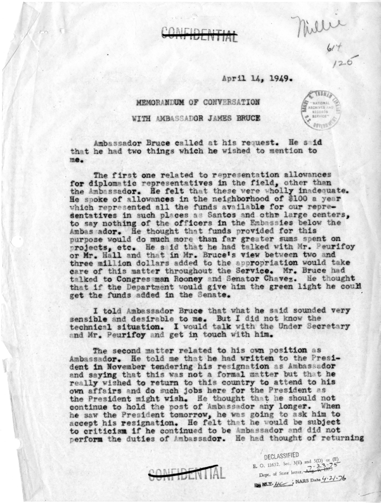 Memorandum of Conversation with Ambassador James Bruce