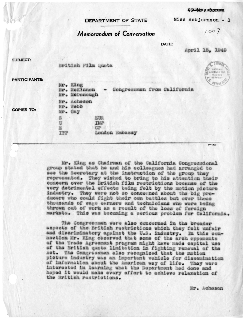 Memorandum of Conversation with Congressmen from California and Others
