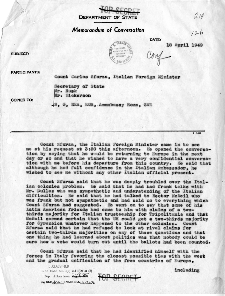 Memorandum of Conversation with the Foreign Minister of Italy and Others