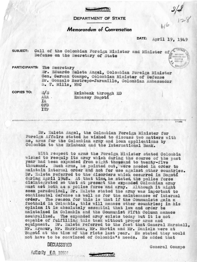 Memorandum of Conversation with the Foreign Minister of Colombia  and Others
