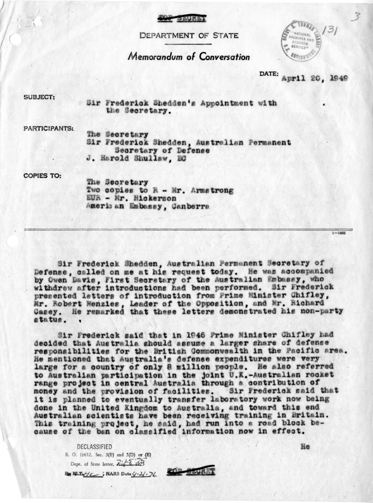 Memorandum of Conversation with Sir Frederic Shedden