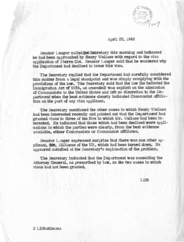 Memorandum of Conversation with Senator William Langer