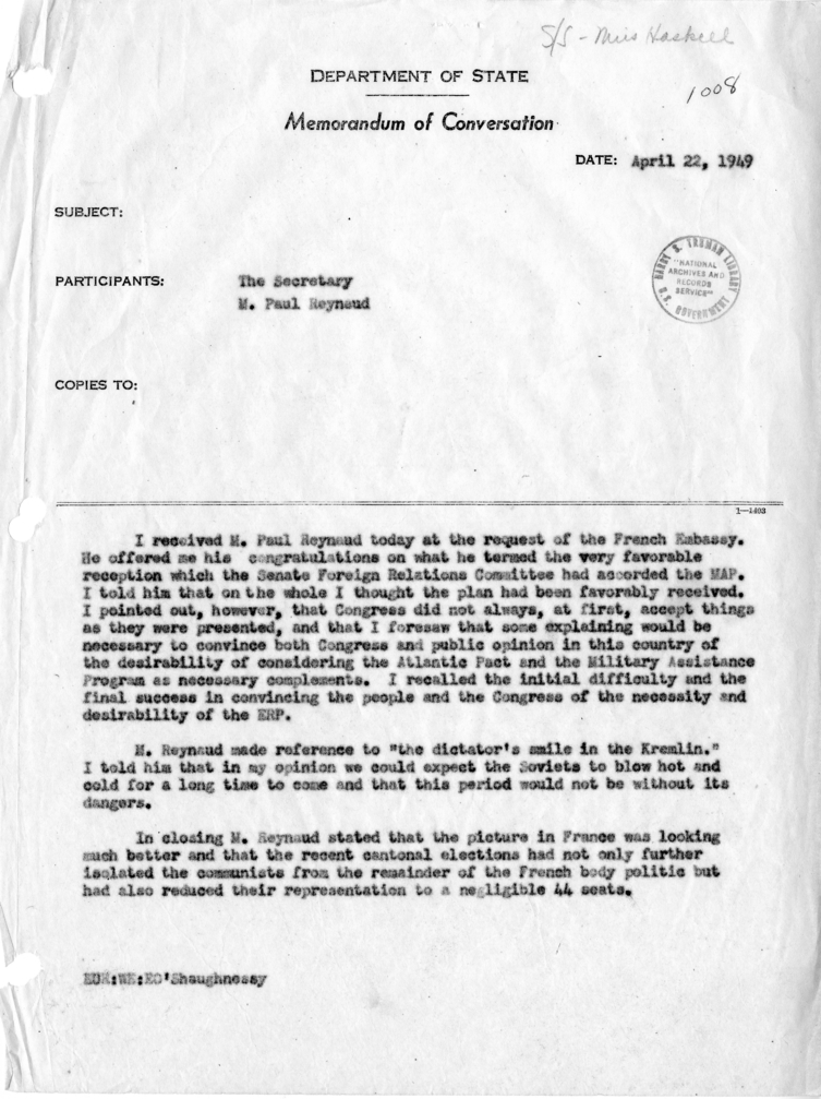Memorandum of Conversation with Mr. Paul Reynaud