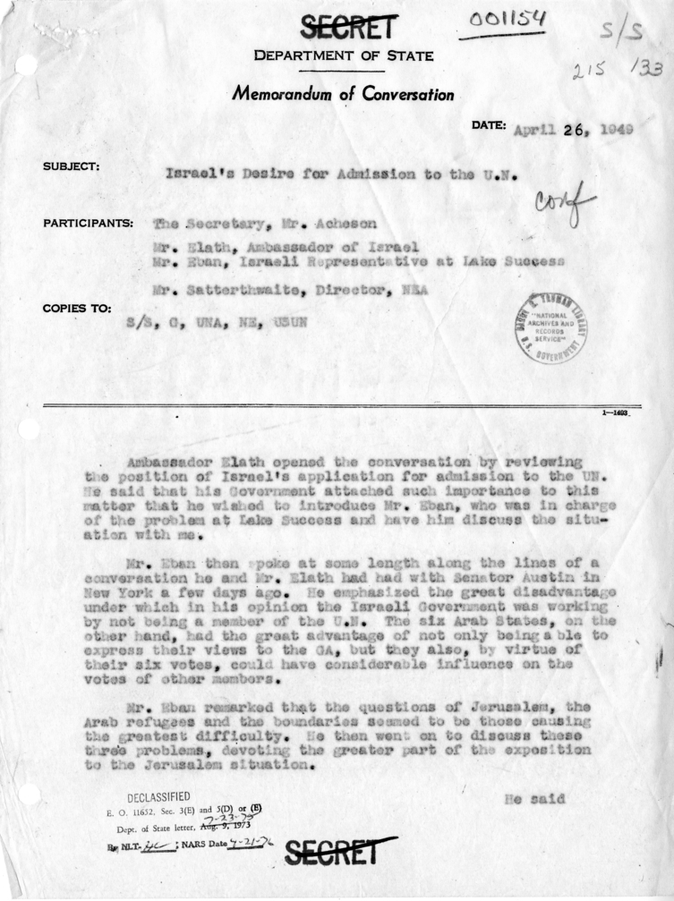 Memorandum of Conversation with Eliahu Elath and Abba Eban
