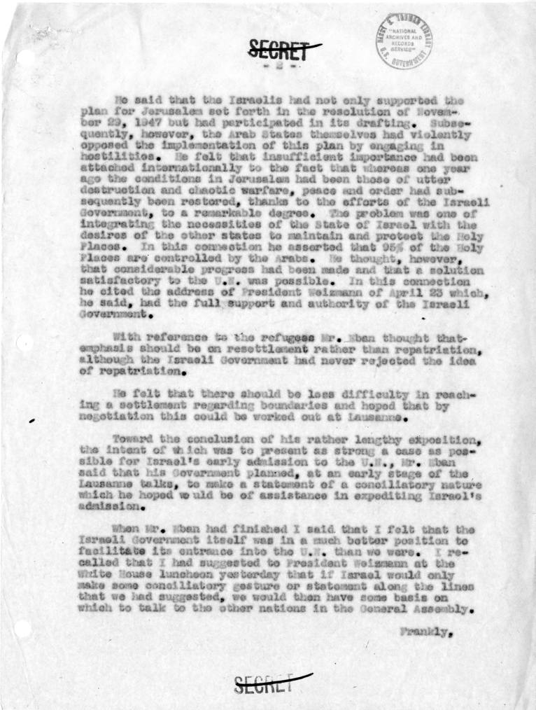 Memorandum of Conversation with Eliahu Elath and Abba Eban