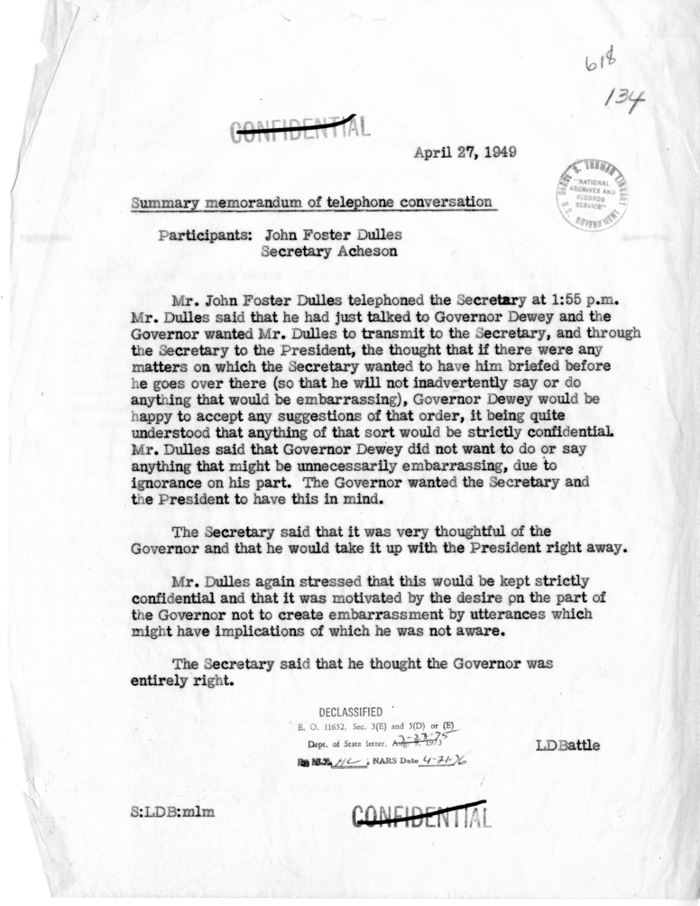 Memorandum of Conversation with John Foster Dulles