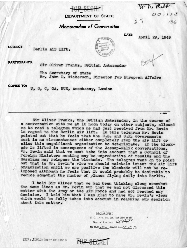 Memorandum of Conversation with Sir Oliver Franks