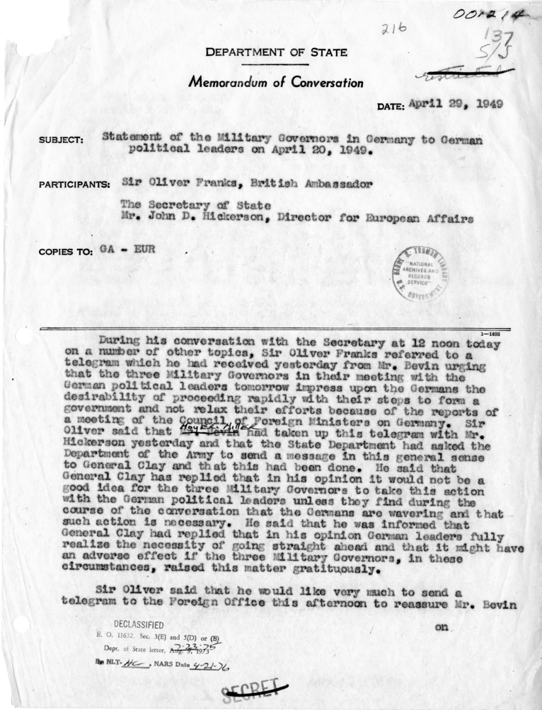 Memorandum of Conversation with Sir Oliver Franks and Others