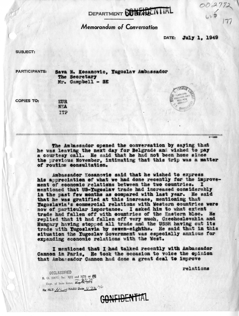 Memorandum of Conversation with the Ambassador of Yugoslavia, Sava N. Kosanovic