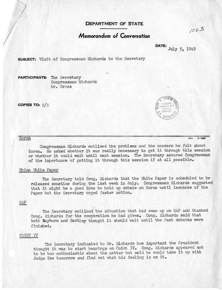 Memorandum of Conversation with Congressman James P. Richards and Ernest Gross
