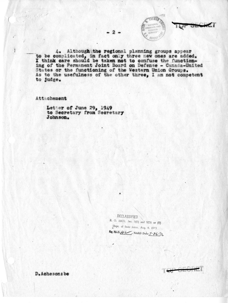 Memorandum, Letter from Secretary of Defense Louis Johnson