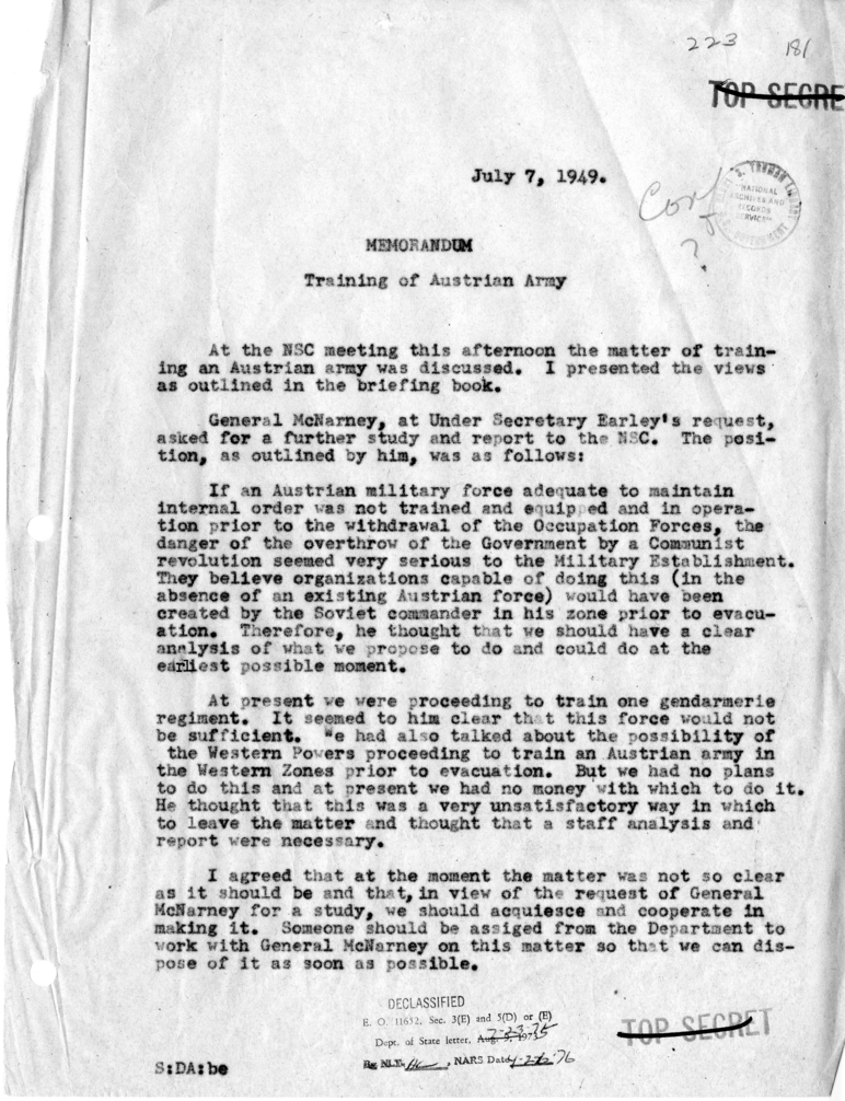 Memorandum of Conversation with General Joseph T. McNarney at National Security Council Meeting