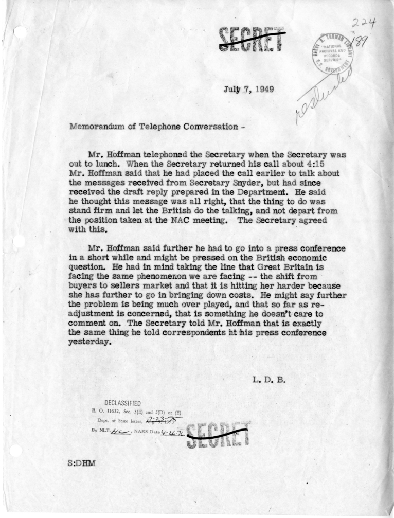 Memorandum of Telephone Conversation with Paul Hoffman