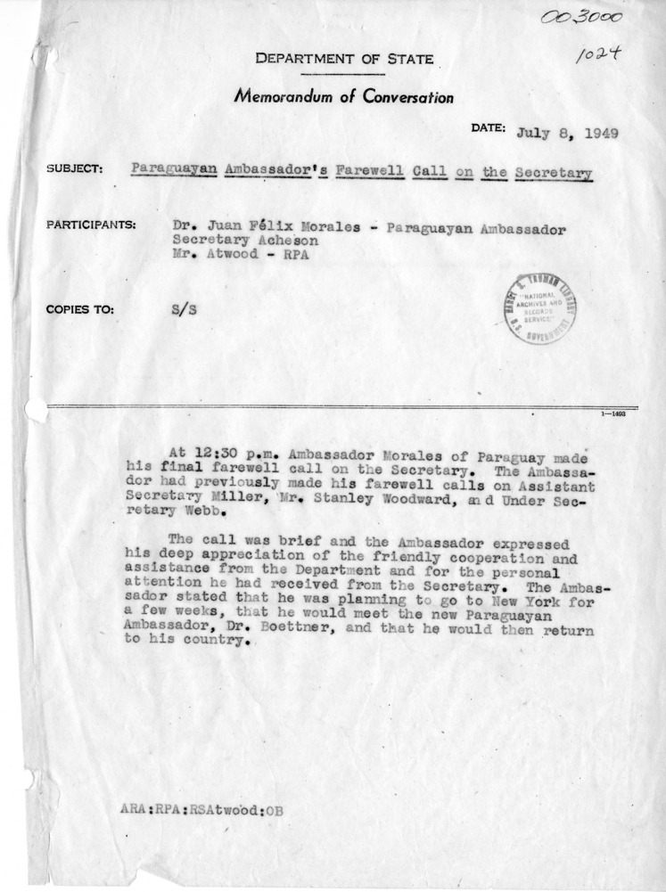 Memorandum of Conversation with the Ambassador of Paraguay Juan Felix Morales