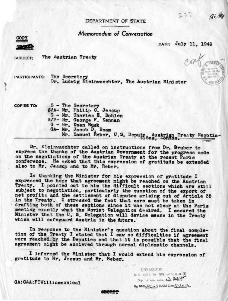 Memorandum of Conversation with Minister of Austria, Dr. Ludwig Kleinwaechter