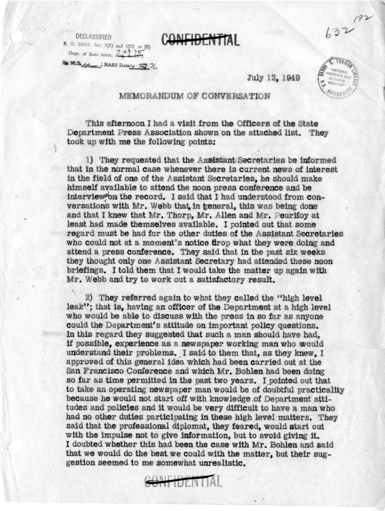 Memorandum of Conversation with Officers of the State Department Press Association