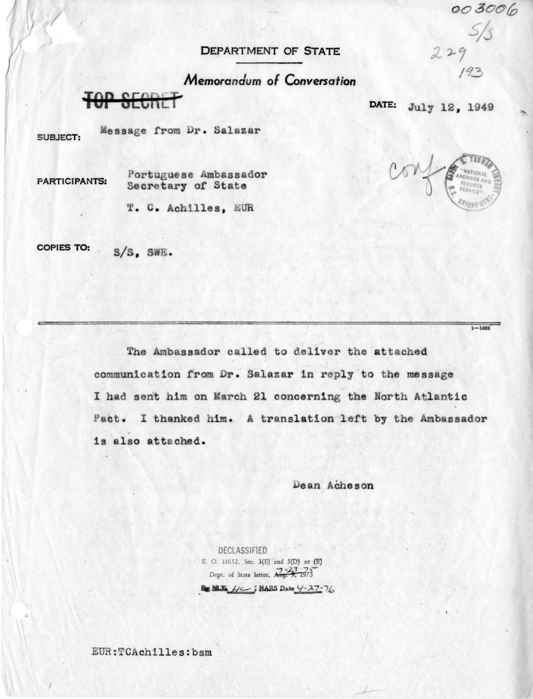 Memorandum of Conversation with the Ambassador of Portugal