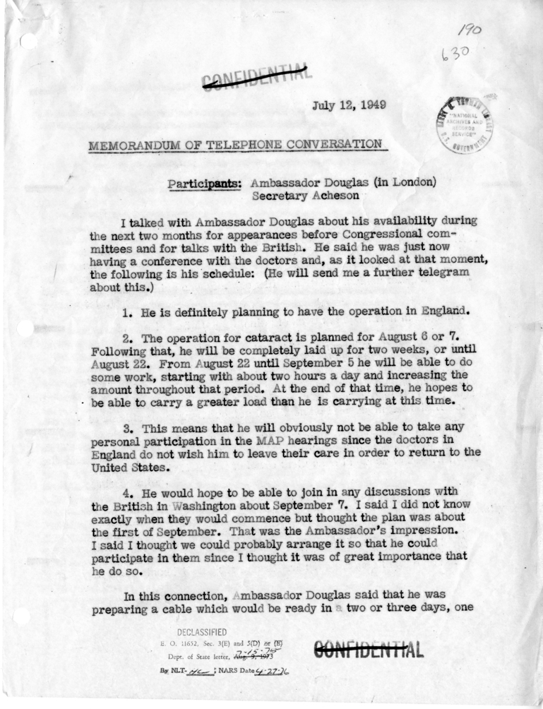 Memorandum of Telephone Conversation with Ambassador Lewis Douglas