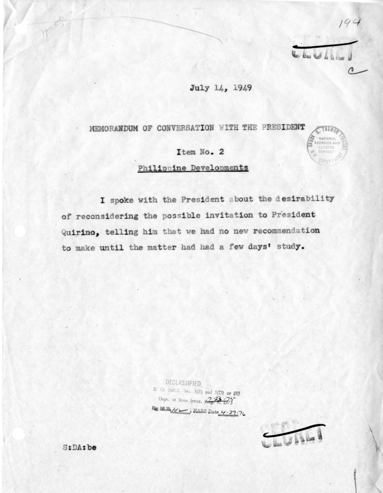 Memorandum of Conversation with the President